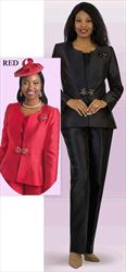 Lily and Taylor 4387-Red - Three Piece Pant Suit With Beaded Brooch And Clasp