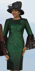 Lily and Taylor 4398-Black Emerald - Lace Flounce Sleeve Dress With Polka Dot Design