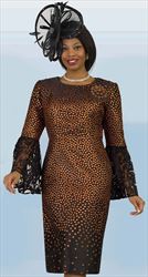 Lily and Taylor 4398-BlackOrange - Lace Flounce Sleeve Dress With Polka Dot Design