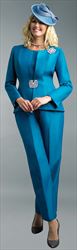 Lily and Taylor 4387-Peacock - Three Piece Womens Pant Suit With Beaded Brooch And Clasp
