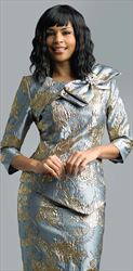 Lily and Taylor 4421-Gold/Multi - Novelty Brocade Look Church Suit With Bow Adornment Feature