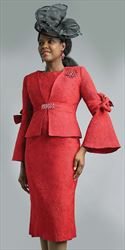 Lily and Taylor 4581-Red - Womens Bow-Tied Bell Sleeve Church Suit In Fancy Pique Fabric