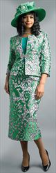 Lily and Taylor 4613-Green/Multi - Womens Floral Jacquard Design Three Quarter Sleeve Skirt Suit