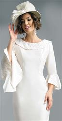 Lily and Taylor 4664-Ivory - Rhinestone Embellished Flounce Sleeve Portrait Collar Dress