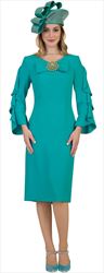 Lily and Taylor 4461-Teal - Sheath Dress With Shoulder Ruffle Detail And Bow Adornment