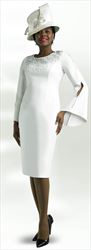 Lily and Taylor 3889 - White - Ponte Knit Rhinestone Embellished Split Bell Sleeve Dress