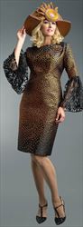 Lily and Taylor 4398-Black Gold - Lace Flounce Sleeve Dress With Polka Dot Design