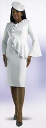 Lily and Taylor 4500 - White - Ponte Knit Dress with Flare Sleeves and Rhinestone Trim