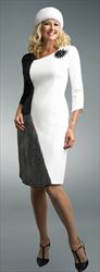 Lily and Taylor 4583 - Three Tone Scuba Fabric Dress With Brooch