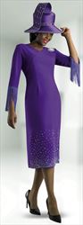 Lily and Taylor 4598 - Purple - French Crepe Dress with Rhinestones and Fringe Sleeves