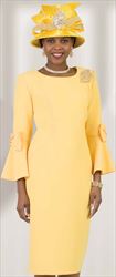 Lily and Taylor 4154-Yellow - Bow Adorned Bell Sleeve Sheath Dress With Brooch