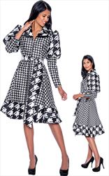 Nubiano Dresses DN1191- Zip Front Houndstooth Print Dress with Puff Sleeves