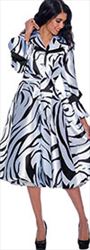 Nubiano Dresses DN1771 - Print Design Long Sleeve Button Front Notch Lapel Dress With Sash