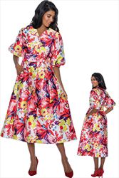 Nubiano Dresses DN851 -  Floral Print Dress with Button Front & Sash Belt