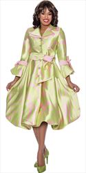 Nubiano Dresses DN1771 - Lime Print Design Long Sleeve Button Front Notch Lapel Dress With Sash