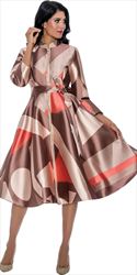 Dresses by Nubiano 12251 - Brown Orange - Belted Zip-front Print Twill Dress