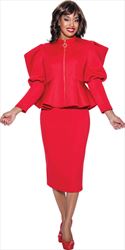 Stellar Looks - SL1332 - 2 PC Red Scuba Skirt Suit with Zip Front and Puff Sleeves