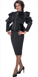 Stellar Looks - SL1332 - 2 PC Black Scuba Skirt Suit with Zip Front and Puff Sleeves