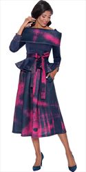 Stellar Looks - 1822 - Navy Magenta - Print Scuba Peplum Dress