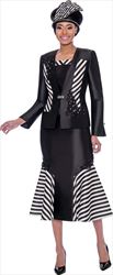 Susanna 3917 - Three Piece Flared Skirt Suit With Multi Stripe & Floral Applique Design