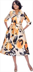 Susanna 3952 Abstract Printed Roll Cuff A-Line Dress With Wing Collar And Sash