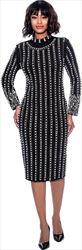 Susanna 3924-Black - Long Sleeve High Collar Dress With Vertical Bead & Pearl Details