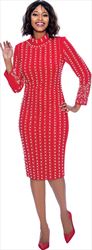 Susanna 3924-Red - Long Sleeve High Collar Dress With Vertical Bead & Pearl Details