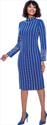 Susanna 3924-Royal - Long Sleeve High Collar Dress With Vertical Bead & Pearl Details