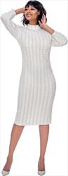 Susanna 3924-OffWhite - Long Sleeve High Collar Dress With Vertical Bead & Pearl Details