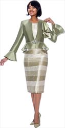 Susanna 3930-Sage - Two Piece Striped Dress And Peplum Bell Cuff Jacket
