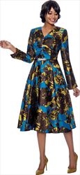 Susanna 3971 - Floral Print V-Neck A-Line Longsleeve Dress