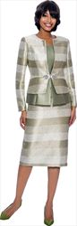 Susanna 3927-Sage - Multi Stripe Design Three Piece Skirt Suit