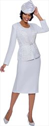 Susanna 3980-White - Skirt Suit With Rhinestone And Satin Ruffle Detailed Jacket