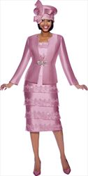 Susanna 3981-Pink - Skirt Suit With Rhinestone Embellished Organza Tier Design