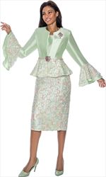 3 PC Lace and Silk Look Skirt Suit with Flare Sleeves 7048  