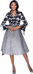 Terramina 7794-Black White - Pleated Polka Dot Bell Cuff Sleeve Dress Decorated With Bows