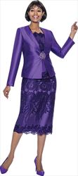 Terramina 7817 Purple Silk Look Womens Church Suit With Lace Detailed Skirt And Camisole