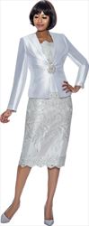 Terramina 7817 White Silk Look Womens Church Suit With Lace Detailed Skirt And Camisole