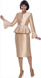 Terramina 7862-Champage - Womens Three Piece Church Suit With Peplum Bell Cuff Sleeve Jacket