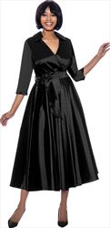 Terramina 7869-Black - Wing Collar Vee Neckline Pleated Dress With Sash
