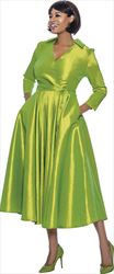 Terramina 7869-Kiwi- Wing Collar Vee Neckline Pleated Dress With Sash