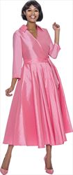 Terramina 7869-Pink- Wing Collar Vee Neckline Pleated Dress With Sash
