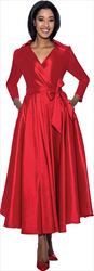 Terramina 7869-Red- Wing Collar Vee Neckline Pleated Dress With Sash