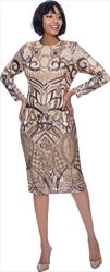 Terramina 7942-Gold- Long Sleeve Womens Dress With Sequin Pattern Design