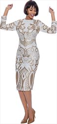 Terramina 7942-Off White- Long Sleeve Womens Dress With Sequin Pattern Design