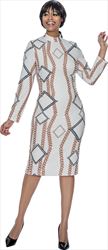 Terramina 7952-Ivory- Long Sleeve Womens Dress With Diamond Pattern Design