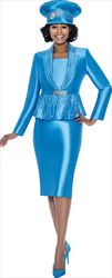 Terramina 7964 - Blue Peplum Church Suit With Sliver Clasp